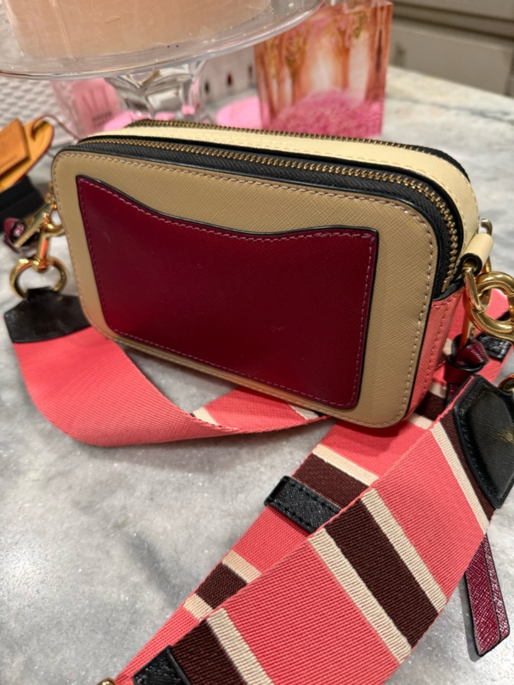 Marc Jacobs Micro Snapshot Beige Camera Crossbody with Pink-Striped Strap, EUC. - Picture 10 of 16